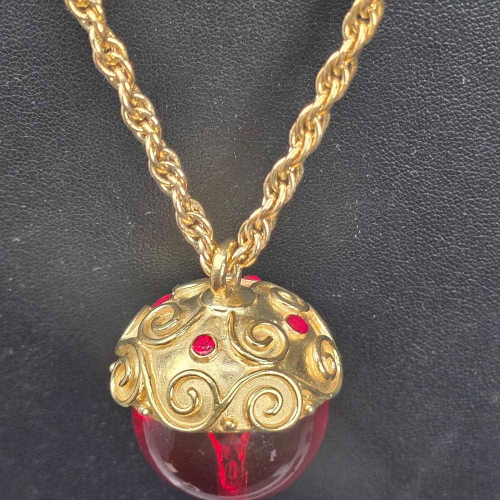 Rare Trifari Large Vintage Christmas Red Lucite Acorn Ball Pendant necklace